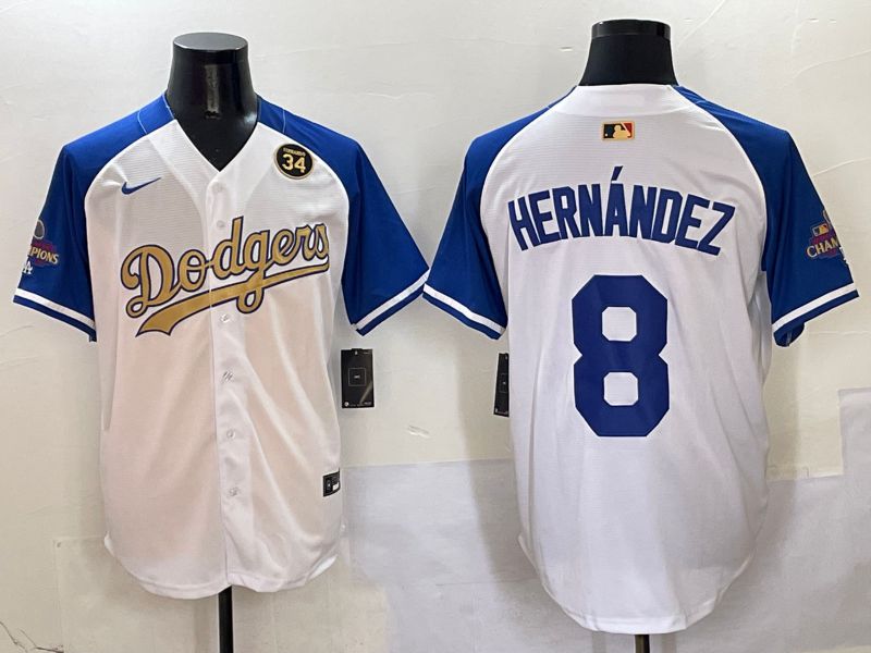 Men Los Angeles Dodgers 8 Hernandez White Blue Champion gold character Nike 2025 MLB Jersey style 5046